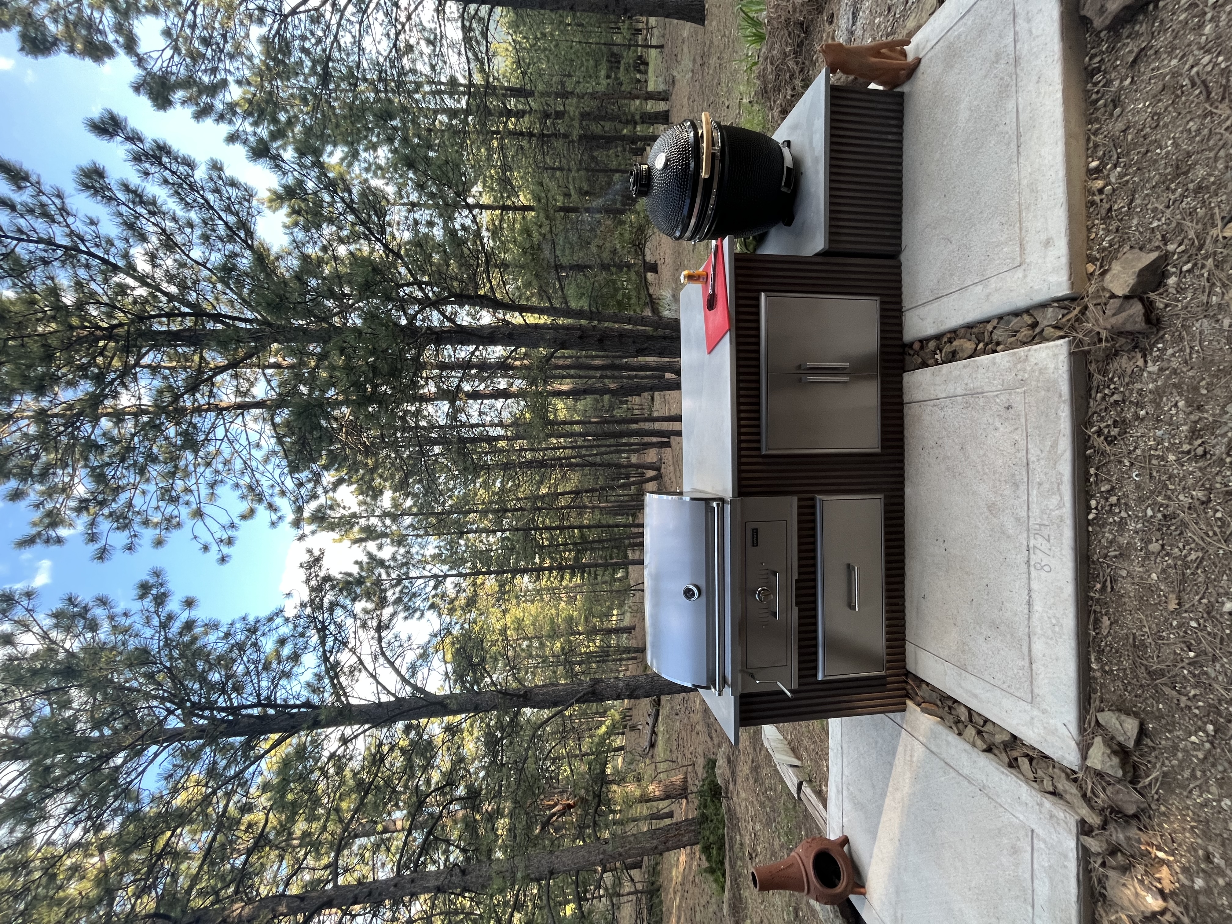 Standalone Coyote outdoor kitchen island in a pine forest setting