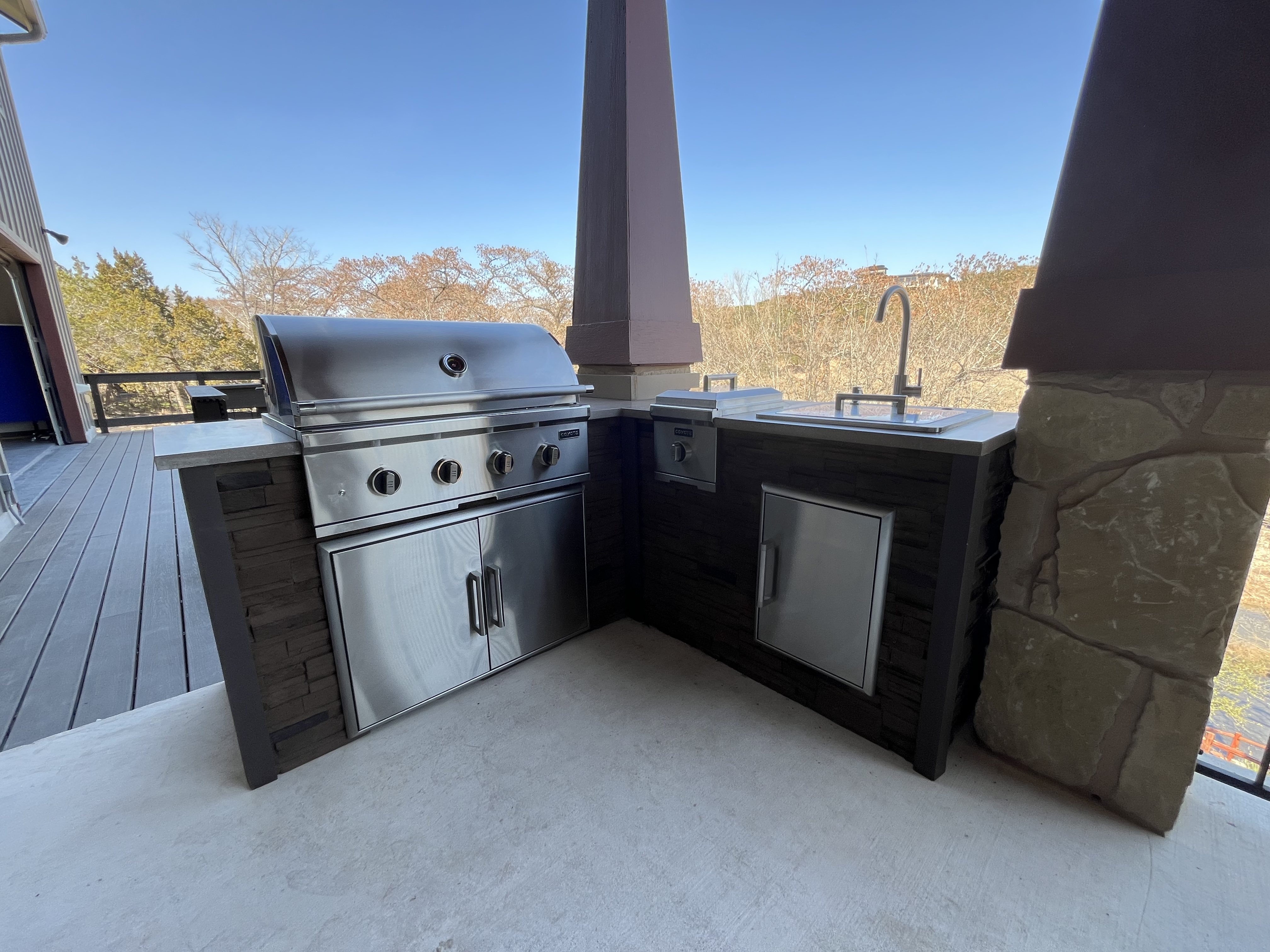 Coyote grill and sink, Hill Country outdoor kitchen restoration